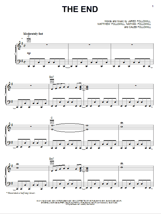 Kings Of Leon The End Sheet Music Notes & Chords for Piano, Vocal & Guitar (Right-Hand Melody) - Download or Print PDF