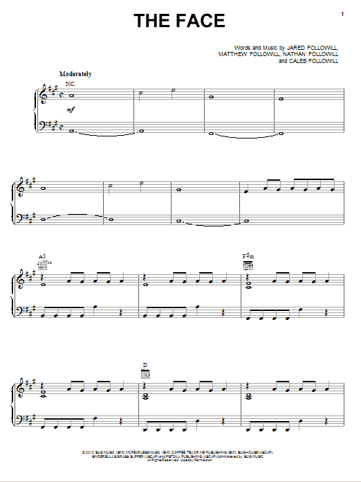 Kings Of Leon The Face Sheet Music Notes & Chords for Piano, Vocal & Guitar (Right-Hand Melody) - Download or Print PDF