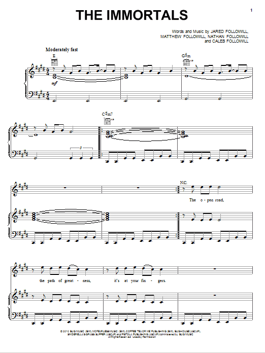 Kings Of Leon The Immortals Sheet Music Notes & Chords for Piano, Vocal & Guitar (Right-Hand Melody) - Download or Print PDF