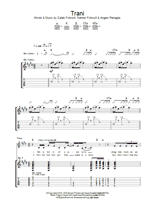 Kings Of Leon Trani Sheet Music Notes & Chords for Guitar Tab - Download or Print PDF