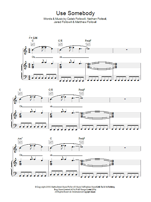 Kings Of Leon Use Somebody Sheet Music Notes & Chords for Piano, Vocal & Guitar (Right-Hand Melody) - Download or Print PDF