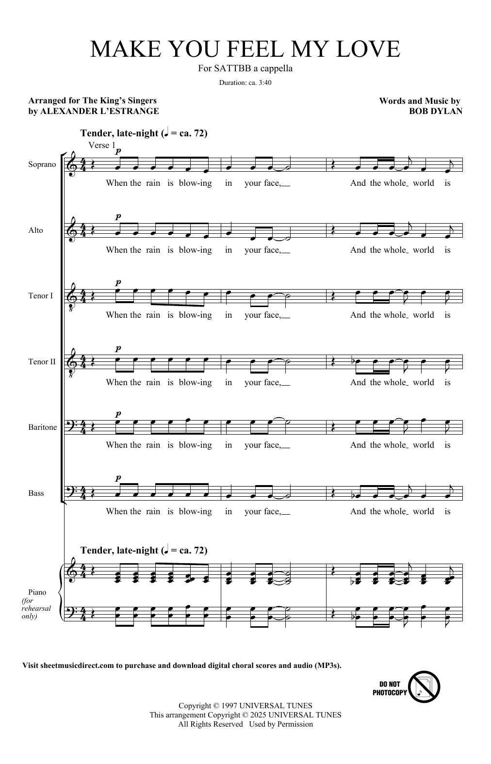 King's Singers To Make You Feel My Love (arr. Alexander L'Estrange) Sheet Music Notes & Chords for SATTBB Choir - Download or Print PDF