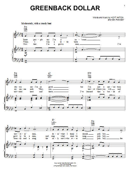 Kingston Trio Greenback Dollar Sheet Music Notes & Chords for Melody Line, Lyrics & Chords - Download or Print PDF