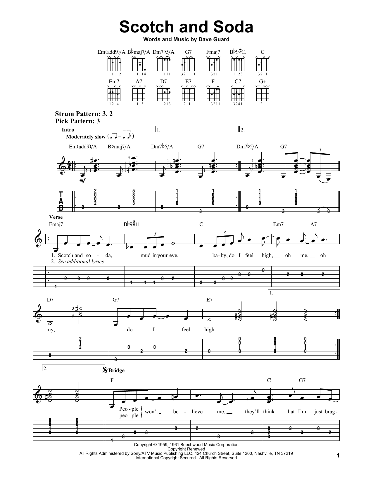 Kingston Trio Scotch And Soda Sheet Music Notes & Chords for Easy Guitar Tab - Download or Print PDF