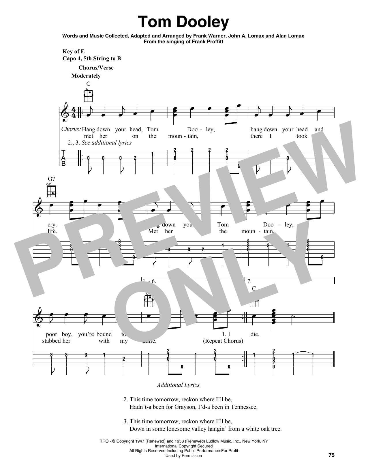Kingston Trio Tom Dooley (arr. Fred Sokolow) Sheet Music Notes & Chords for Banjo Tab - Download or Print PDF