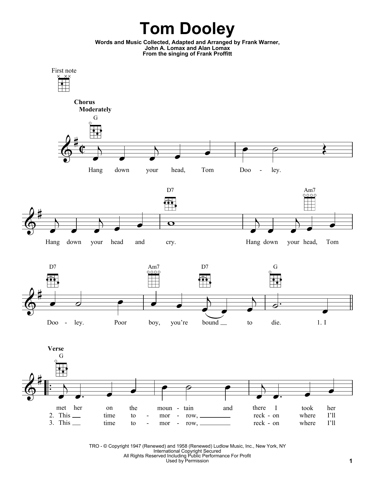 Kingston Trio Tom Dooley Sheet Music Notes & Chords for Melody Line, Lyrics & Chords - Download or Print PDF