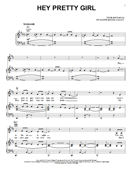 Kip Moore Hey Pretty Girl Sheet Music Notes & Chords for Piano, Vocal & Guitar (Right-Hand Melody) - Download or Print PDF