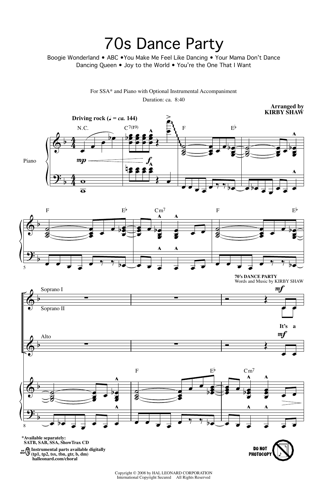 Kirby Shaw 70s Dance Party (Medley) Sheet Music Notes & Chords for SAB - Download or Print PDF