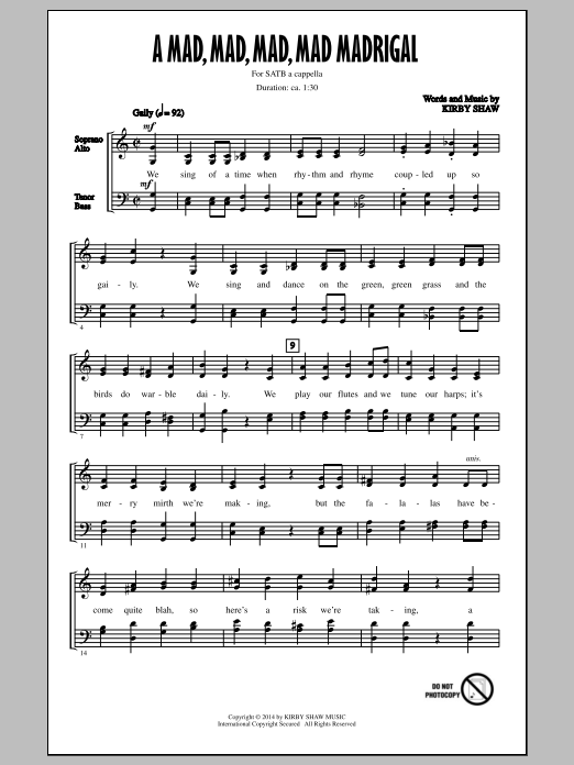 Kirby Shaw A Mad, Mad, Mad, Mad, Madrigal Sheet Music Notes & Chords for SATB - Download or Print PDF