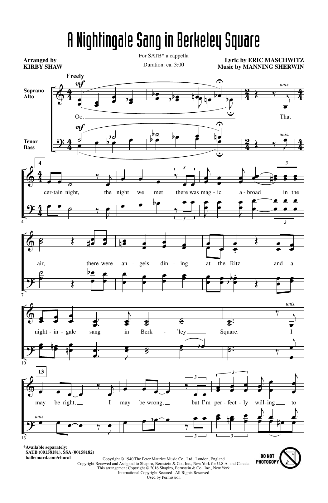 Kirby Shaw A Nightingale Sang In Berkeley Square Sheet Music Notes & Chords for SATB - Download or Print PDF