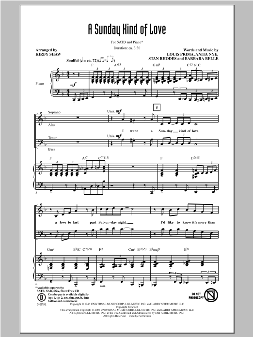 Kirby Shaw A Sunday Kind Of Love Sheet Music Notes & Chords for SAB - Download or Print PDF
