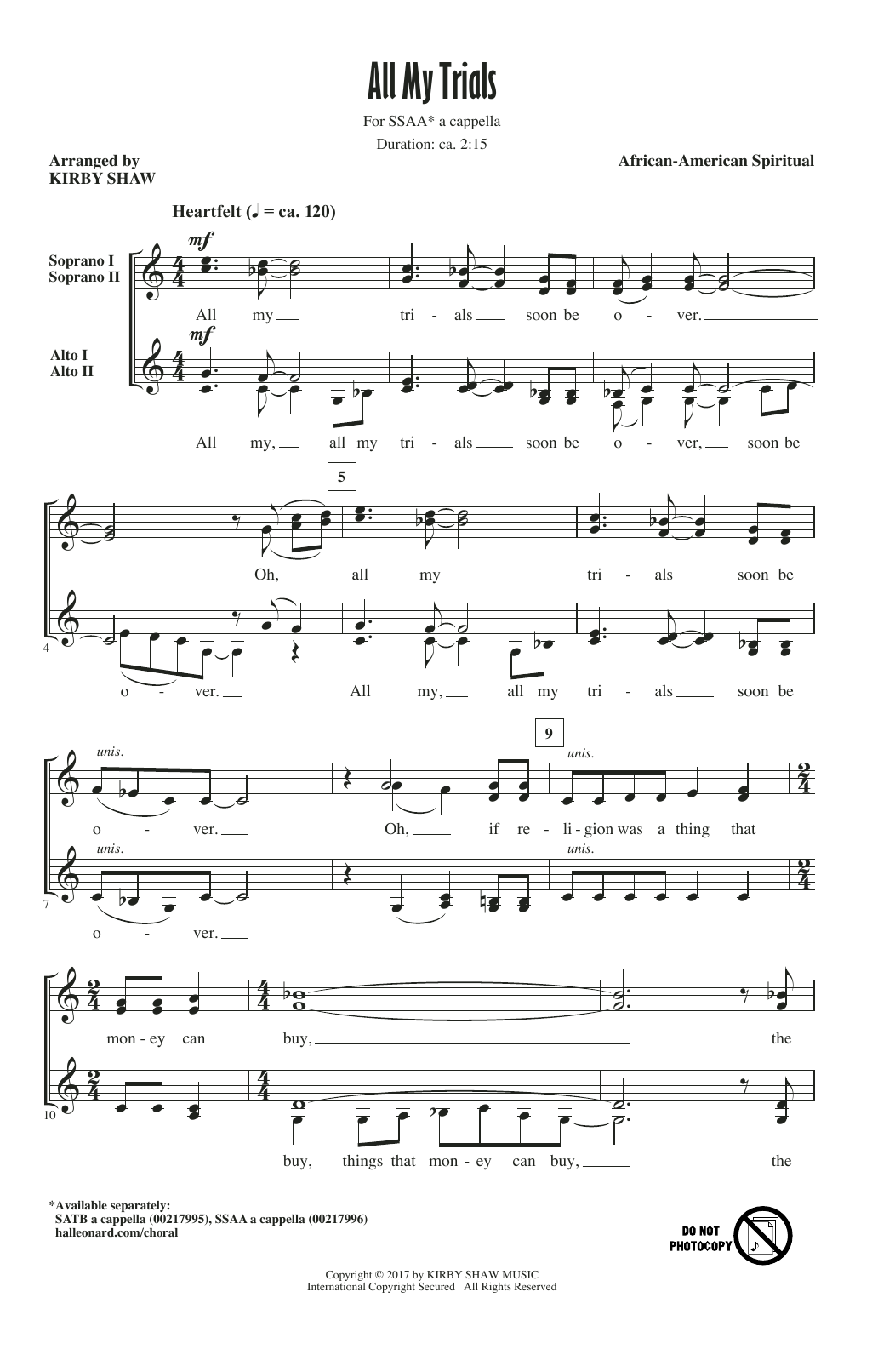 Kirby Shaw All My Trials Sheet Music Notes & Chords for SATB - Download or Print PDF