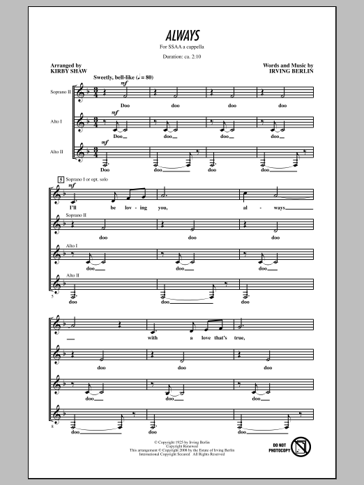 Kirby Shaw Always Sheet Music Notes & Chords for SSA - Download or Print PDF
