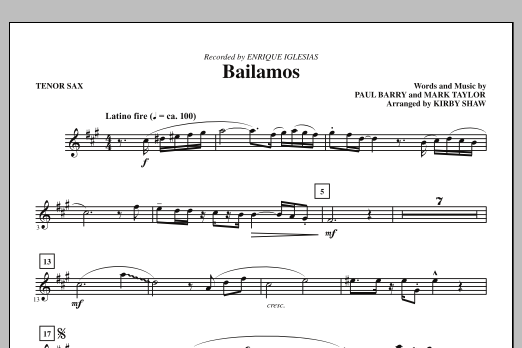 Kirby Shaw Bailamos - Tenor Sax Sheet Music Notes & Chords for Choir Instrumental Pak - Download or Print PDF