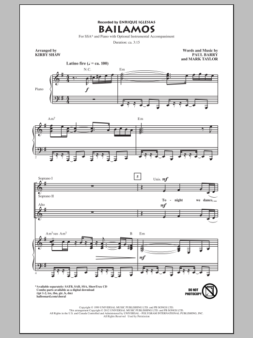 Enrique Iglesias Bailamos (arr. Kirby Shaw) Sheet Music Notes & Chords for SSA - Download or Print PDF