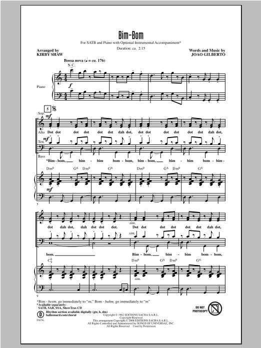 Joao Gilberto Bim-Bom (arr. Kirby Shaw) Sheet Music Notes & Chords for SAB - Download or Print PDF
