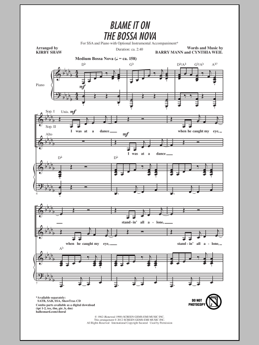 Eydie Gorme Blame It On The Bossa Nova (arr. Kirby Shaw) Sheet Music Notes & Chords for SSA - Download or Print PDF