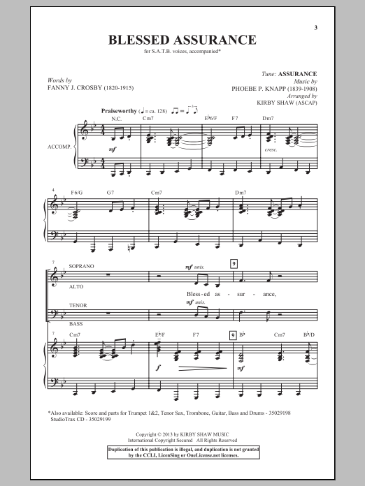 Kirby Shaw Blessed Assurance Sheet Music Notes & Chords for SATB - Download or Print PDF