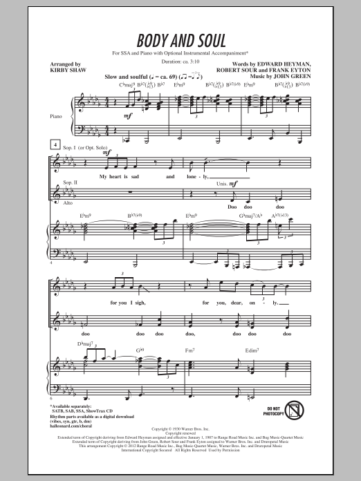 Tony Bennett Body And Soul (arr. Kirby Shaw) Sheet Music Notes & Chords for SSA - Download or Print PDF