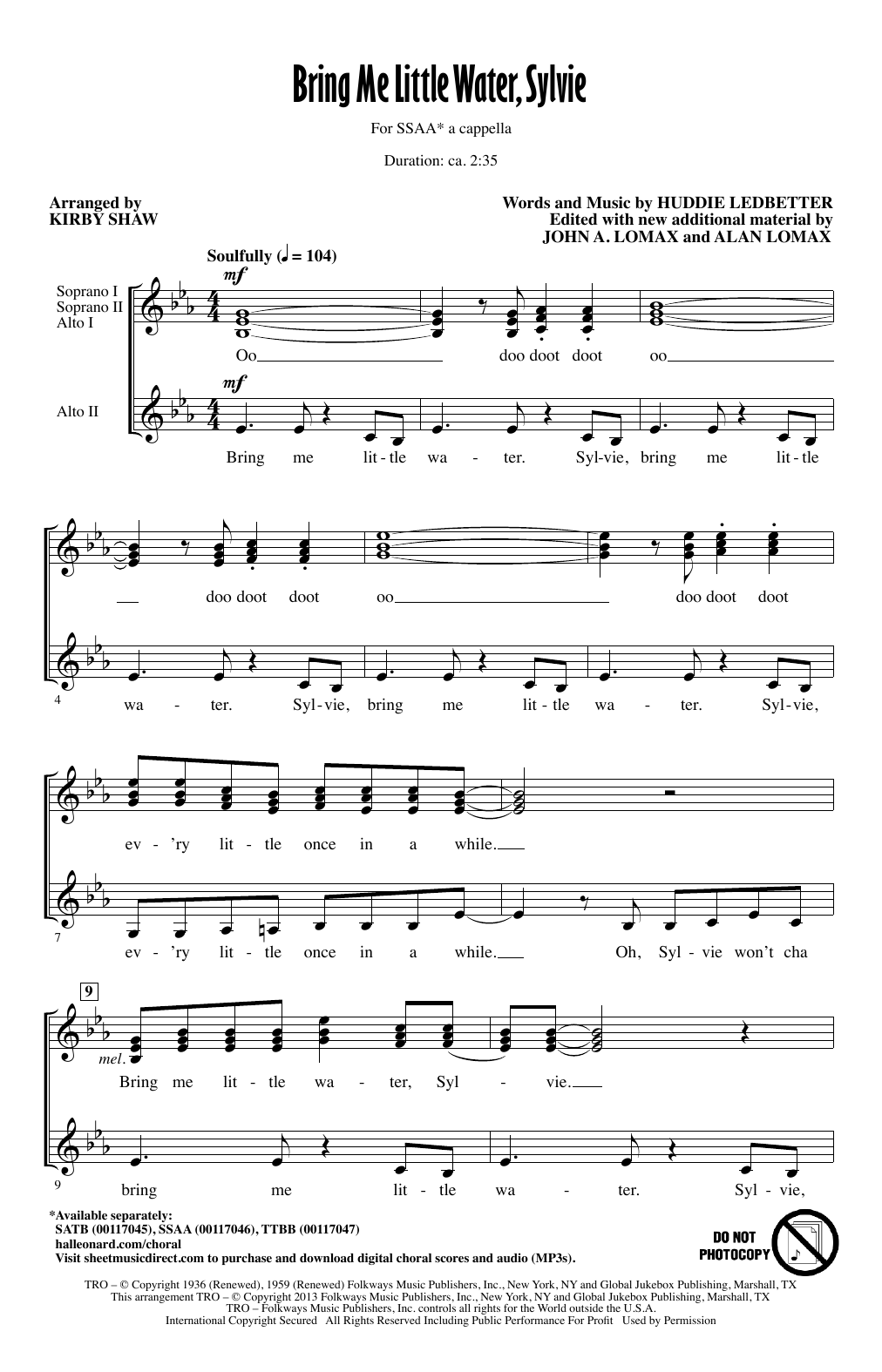 Kirby Shaw Bring Me Lil'l Water, Sylvie Sheet Music Notes & Chords for SSA - Download or Print PDF