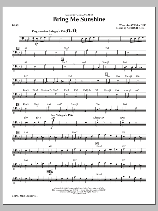 Kirby Shaw Bring Me Sunshine - Bass Sheet Music Notes & Chords for Choir Instrumental Pak - Download or Print PDF
