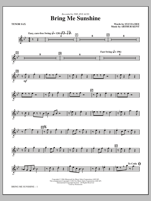 Kirby Shaw Bring Me Sunshine - Bb Tenor Saxophone Sheet Music Notes & Chords for Choir Instrumental Pak - Download or Print PDF