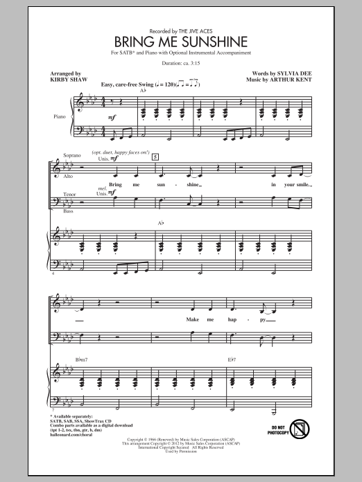 Kirby Shaw Bring Me Sunshine Sheet Music Notes & Chords for SAB Choir - Download or Print PDF