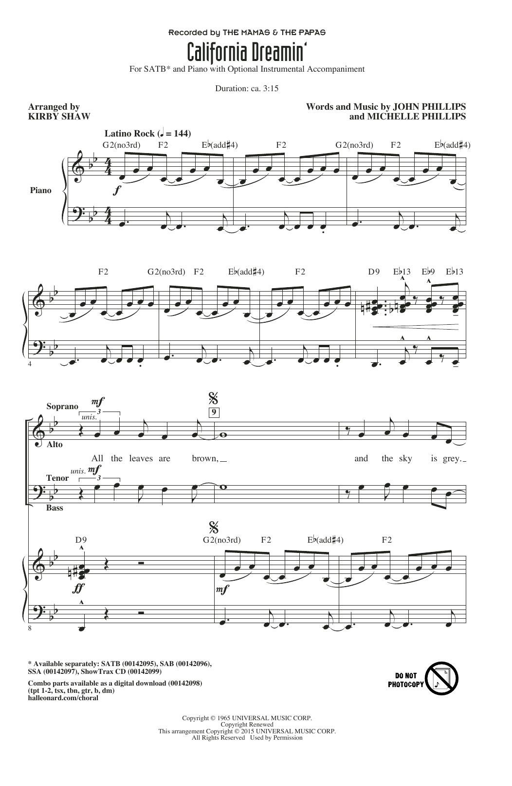 Kirby Shaw California Dreamin' Sheet Music Notes & Chords for SSA - Download or Print PDF