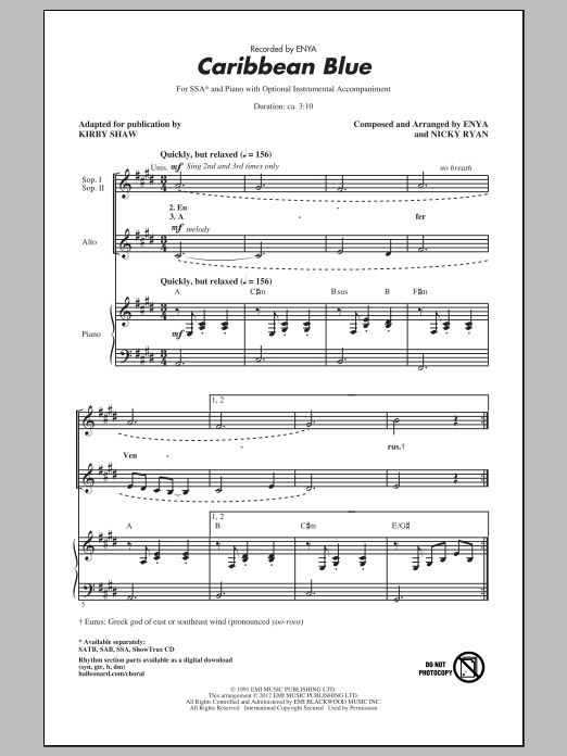 Enya Caribbean Blue (arr. Kirby Shaw) Sheet Music Notes & Chords for SSA - Download or Print PDF