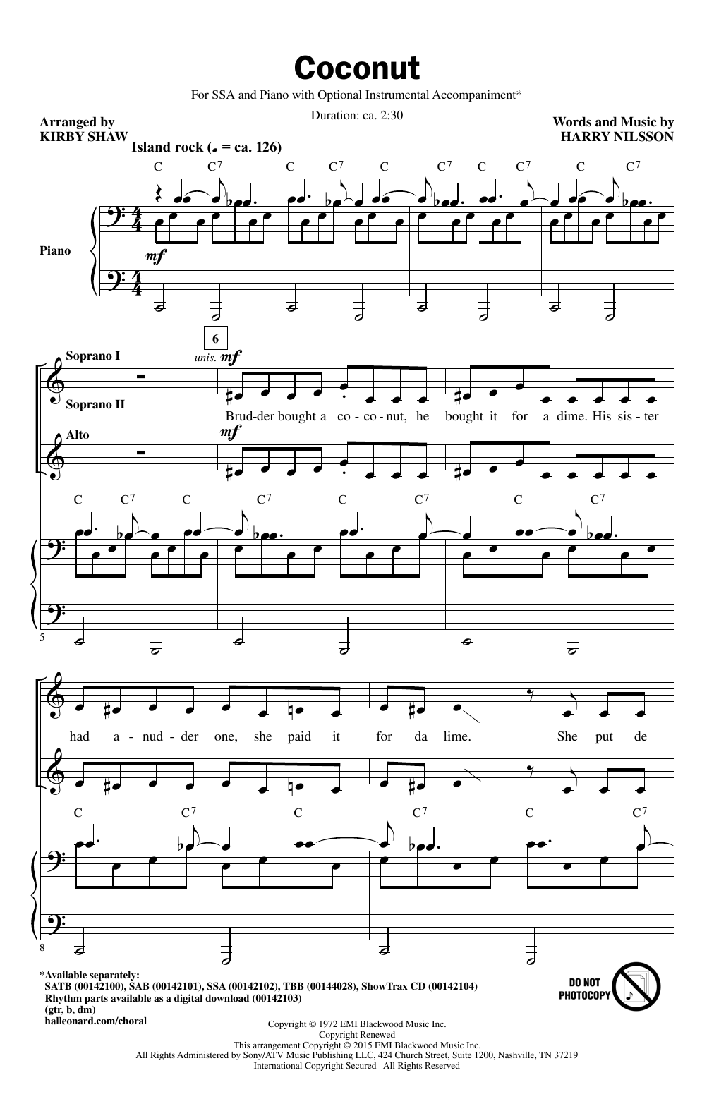 Harry Nilsson Coconut (arr. Kirby Shaw) Sheet Music Notes & Chords for SATB - Download or Print PDF