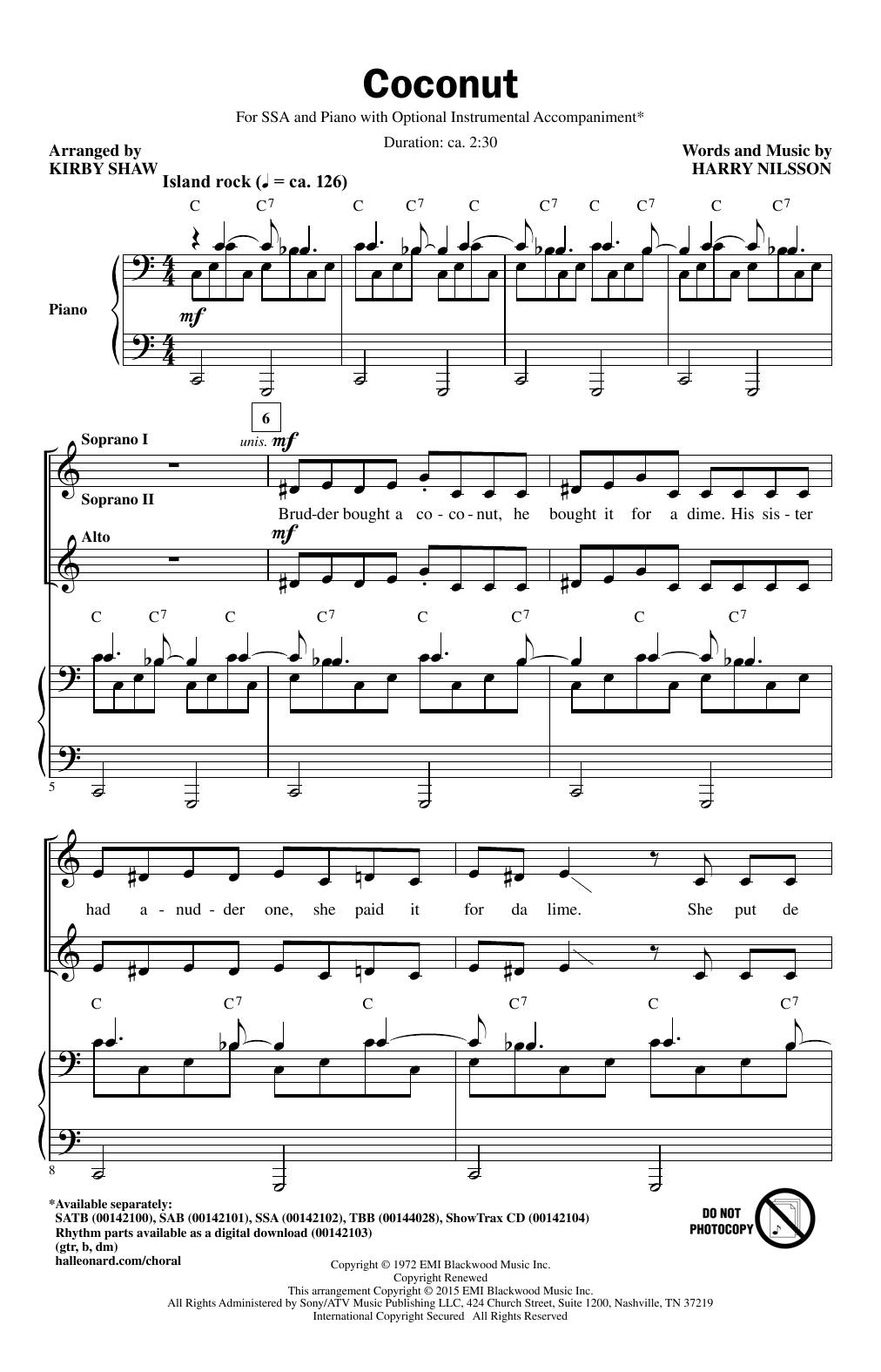 Harry Nilsson Coconut (arr. Kirby Shaw) Sheet Music Notes & Chords for SAB - Download or Print PDF