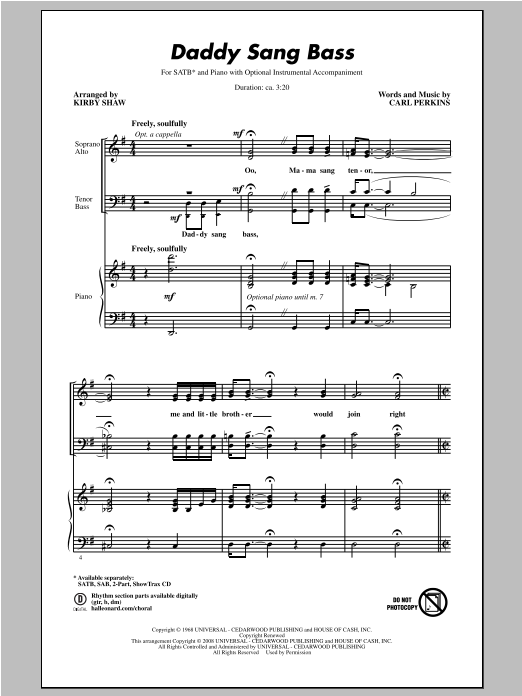 Kirby Shaw Daddy Sang Bass Sheet Music Notes & Chords for SATB - Download or Print PDF