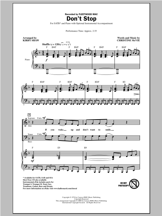 Fleetwood Mac Don't Stop (arr. Kirby Shaw) Sheet Music Notes & Chords for SSA - Download or Print PDF