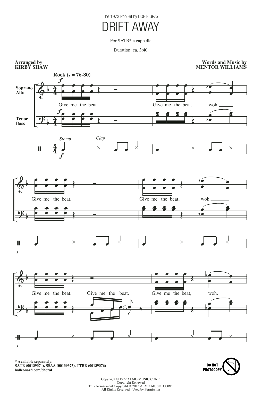Kirby Shaw Drift Away Sheet Music Notes & Chords for TTBB - Download or Print PDF