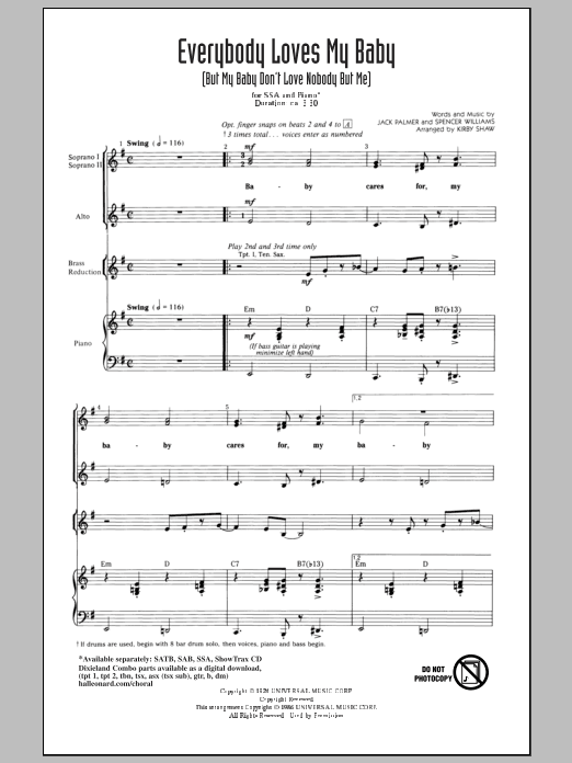 Kirby Shaw Everybody Loves My Baby (But My Baby Don't Love Nobody But Me) Sheet Music Notes & Chords for SAB - Download or Print PDF