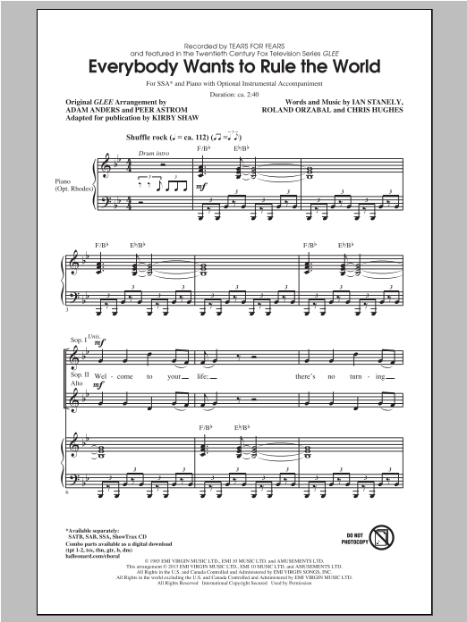 Tears for Fears Everybody Wants To Rule The World (arr. Kirby Shaw) Sheet Music Notes & Chords for SSA - Download or Print PDF