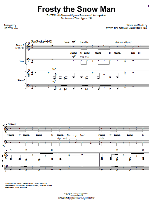 The Ronettes Frosty The Snowman (arr. Kirby Shaw) Sheet Music Notes & Chords for TBB - Download or Print PDF