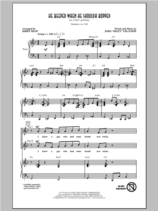 Dizzy Gillespie He Beeped When He Shoulda Bopped (arr. Kirby Shaw) Sheet Music Notes & Chords for 3-Part Mixed - Download or Print PDF
