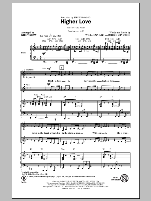 Kirby Shaw Higher Love Sheet Music Notes & Chords for SATB - Download or Print PDF