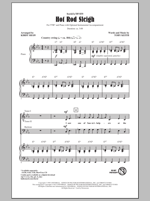 Toby Keith Hot Rod Sleigh (arr. Kirby Shaw) Sheet Music Notes & Chords for SAB - Download or Print PDF
