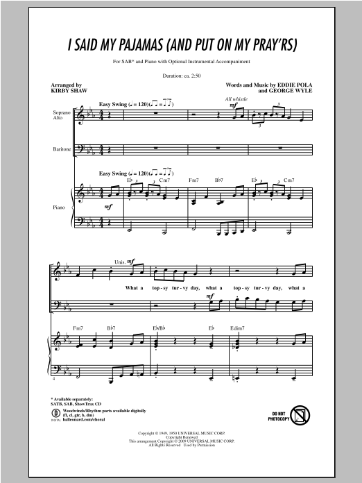 Eddie Pola I Said My Pajamas (And Put On My Pray'rs) (arr. Kirby Shaw) Sheet Music Notes & Chords for SAB - Download or Print PDF