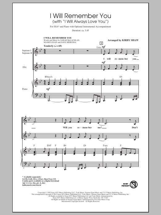Kirby Shaw I Will Remember You (with I Will Always Love You) Sheet Music Notes & Chords for SATB - Download or Print PDF