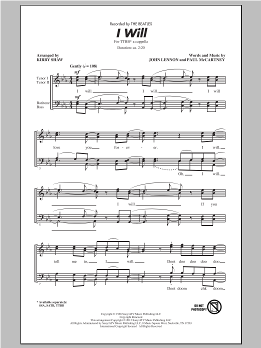 The Beatles I Will (arr. Kirby Shaw) Sheet Music Notes & Chords for TTBB - Download or Print PDF