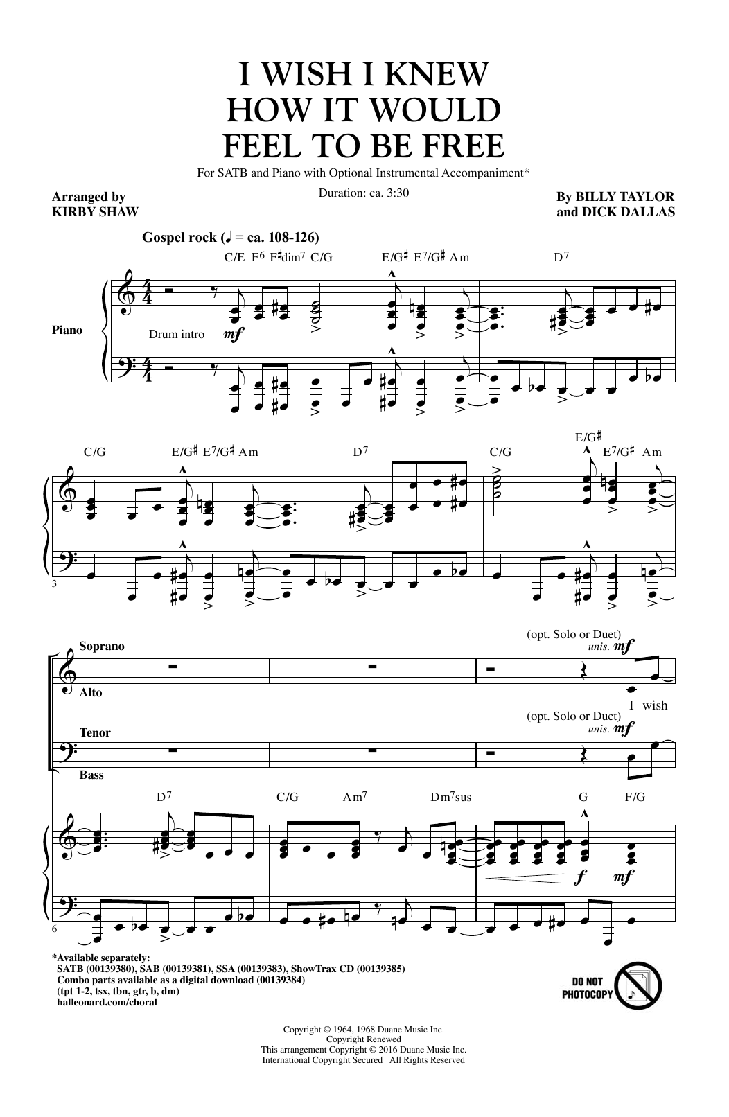 Billy Taylor I Wish I Knew How It Would Feel To Be Free (arr. Kirby Shaw) Sheet Music Notes & Chords for SSA - Download or Print PDF