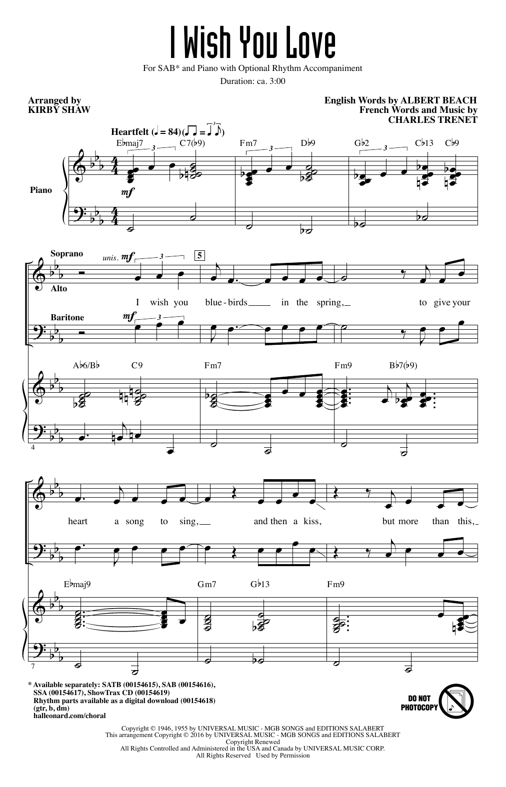 Kirby Shaw I Wish You Love Sheet Music Notes & Chords for SSA - Download or Print PDF