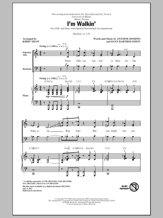Fats Domino I'm Walkin' (arr. Kirby Shaw) Sheet Music Notes & Chords for SSA - Download or Print PDF