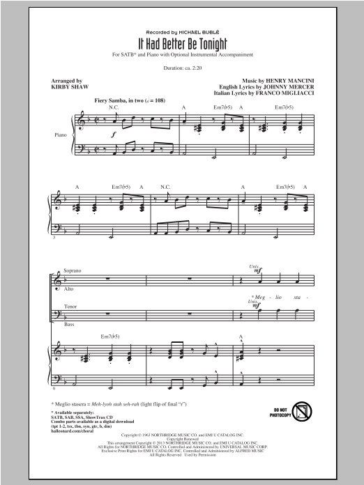 Michael Buble It Had Better Be Tonight (arr. Kirby Shaw) Sheet Music Notes & Chords for SSA - Download or Print PDF