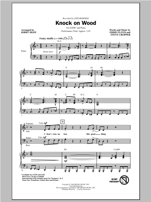 Otis Redding Knock On Wood (arr. Kirby Shaw) Sheet Music Notes & Chords for SATB - Download or Print PDF