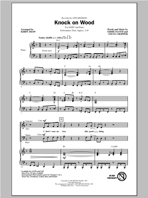 Otis Redding Knock On Wood (arr. Kirby Shaw) Sheet Music Notes & Chords for SAB - Download or Print PDF