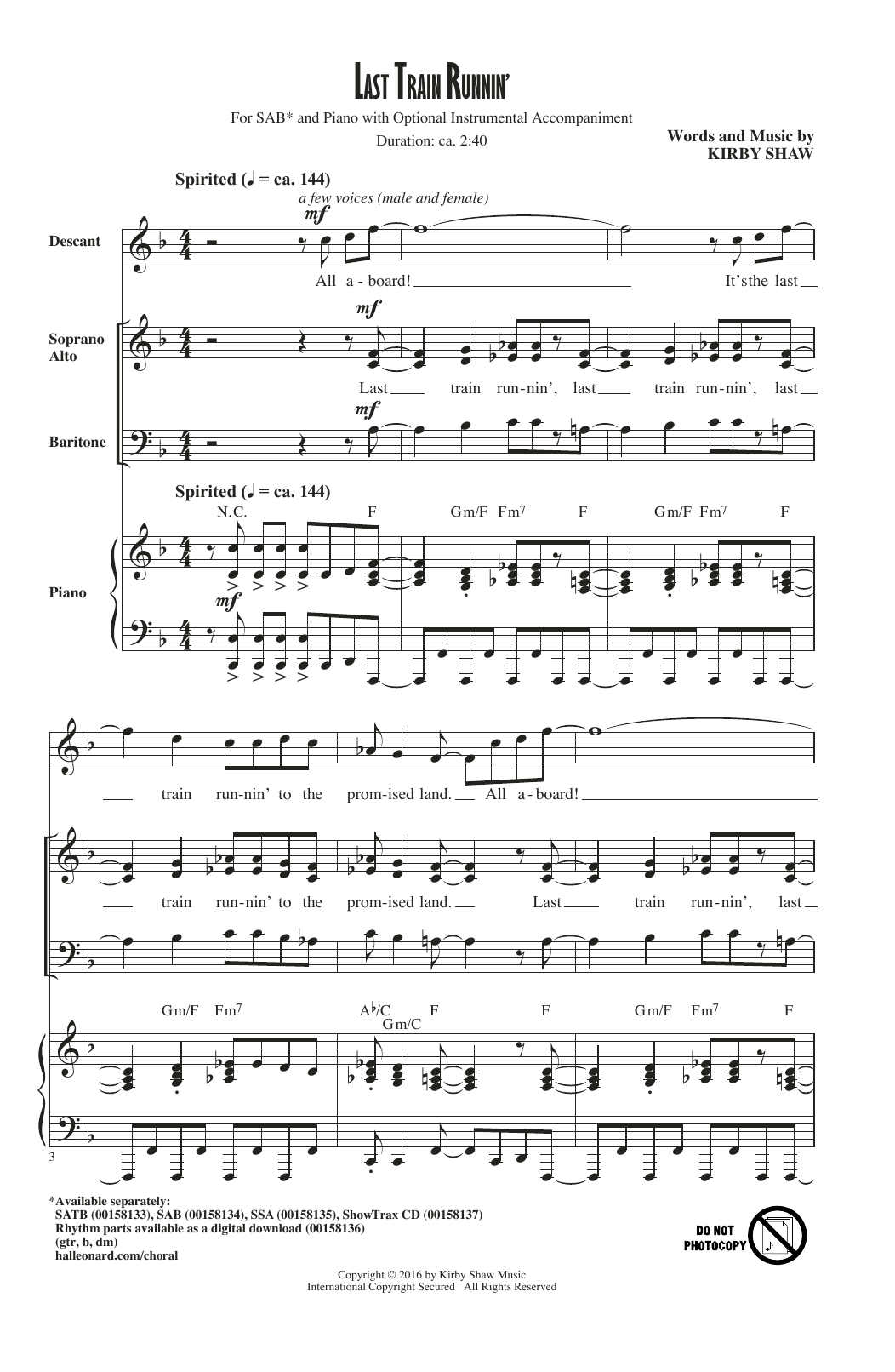 Kirby Shaw Last Train Runnin' Sheet Music Notes & Chords for SAB - Download or Print PDF